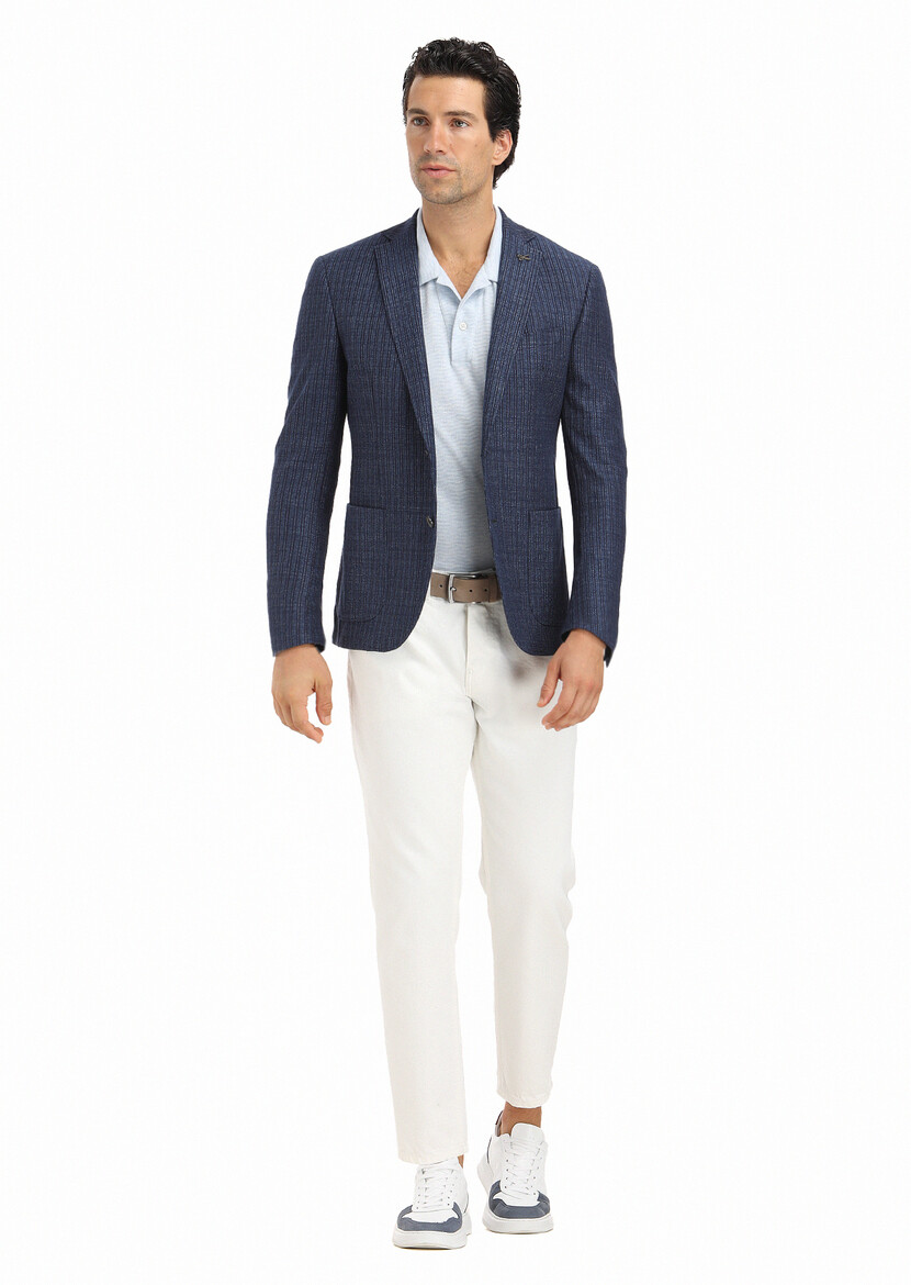 Navy Blue Micro Zeroweight Slim Fit Cotton Blended Jacket - 1