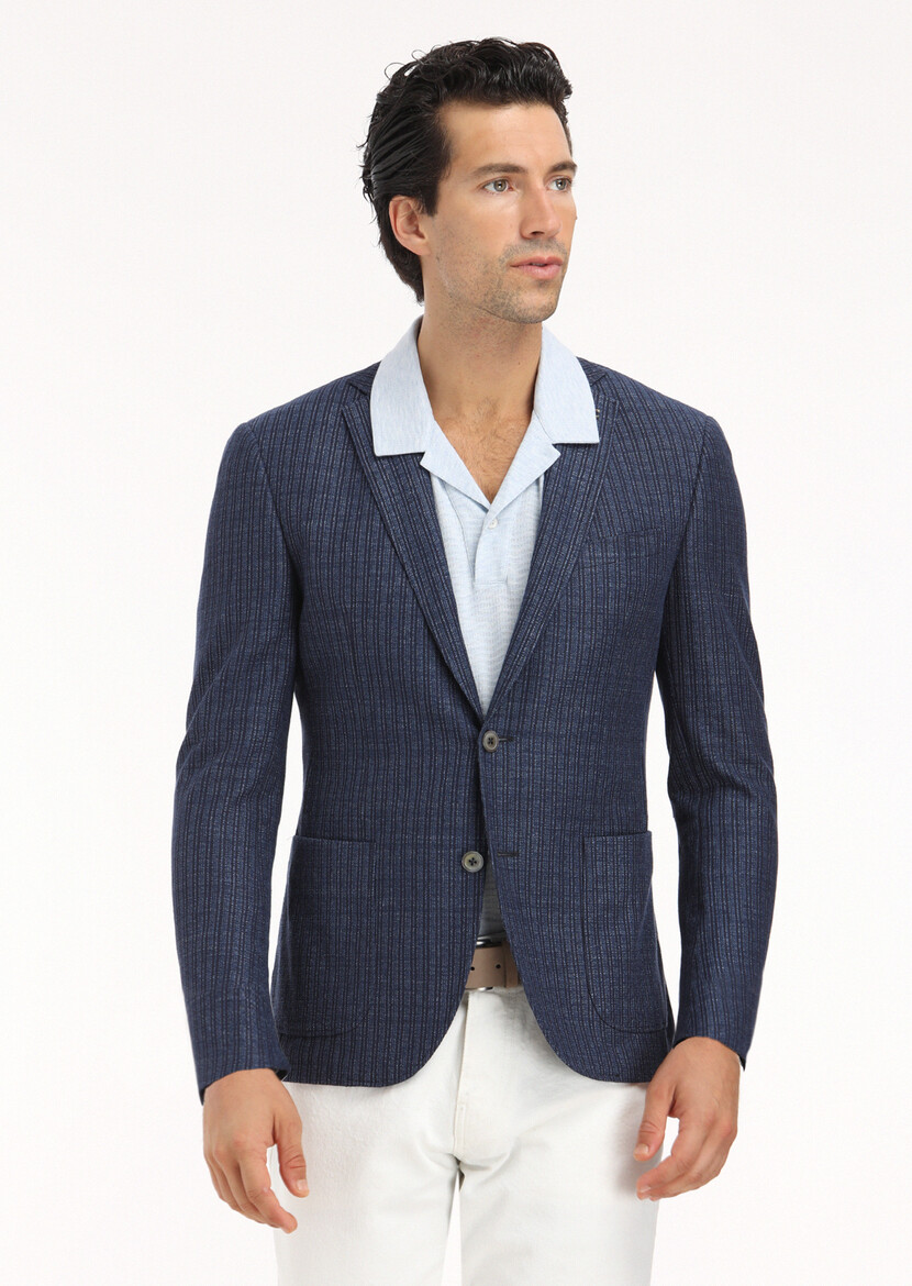 Navy Blue Micro Zeroweight Slim Fit Cotton Blended Jacket - 2