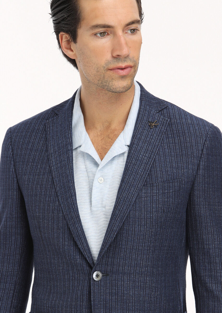 Navy Blue Micro Zeroweight Slim Fit Cotton Blended Jacket - 3