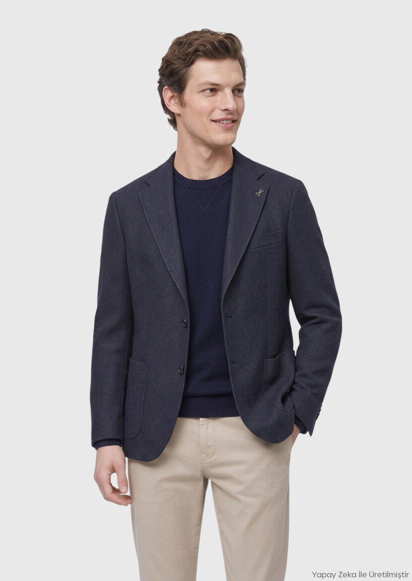 Navy Blue Micro Zeroweight Slim Fit Silk Blended Jacket 