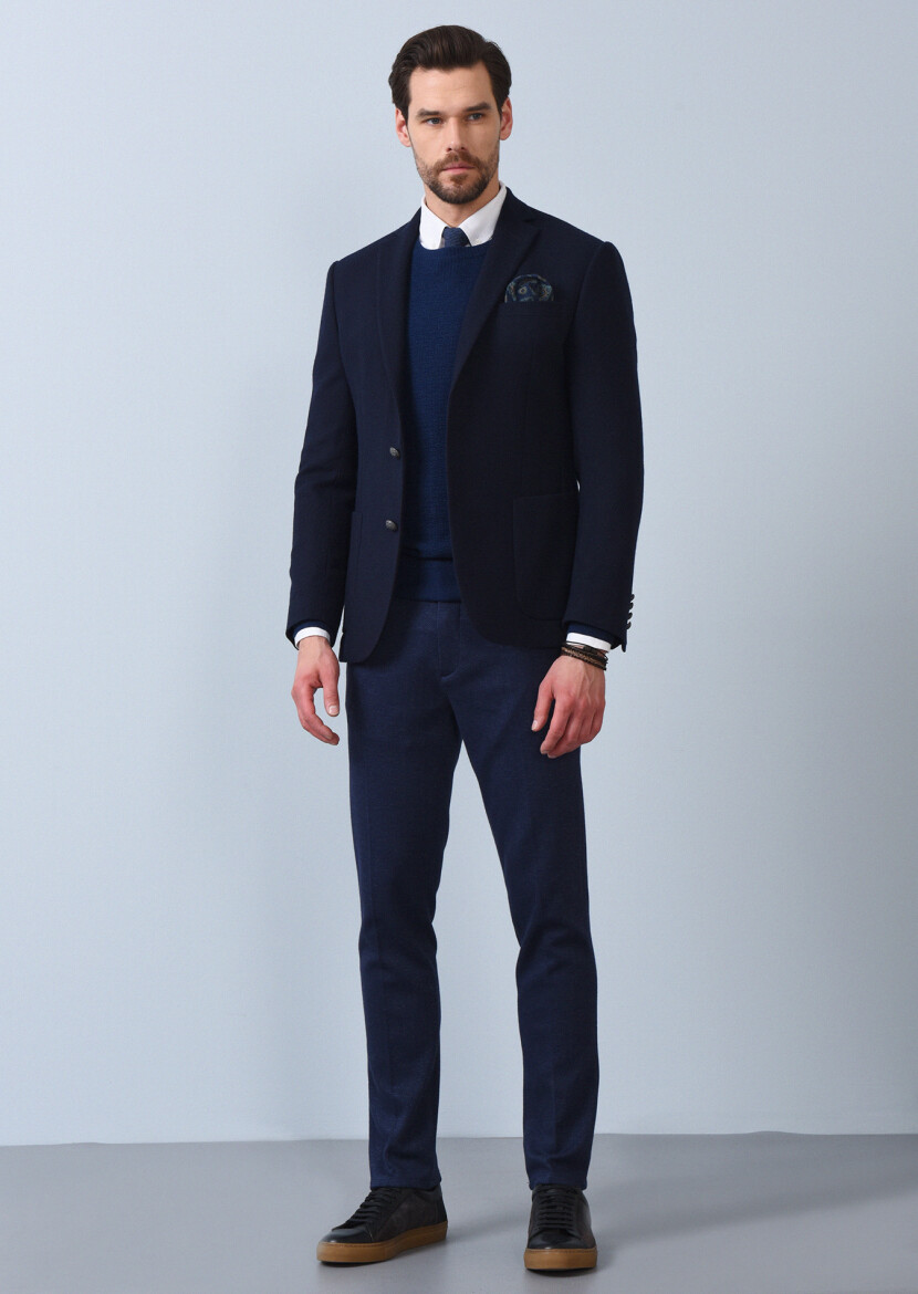 Navy Blue Micro Zeroweight Slim Fit Wool Blended Jacket - 2