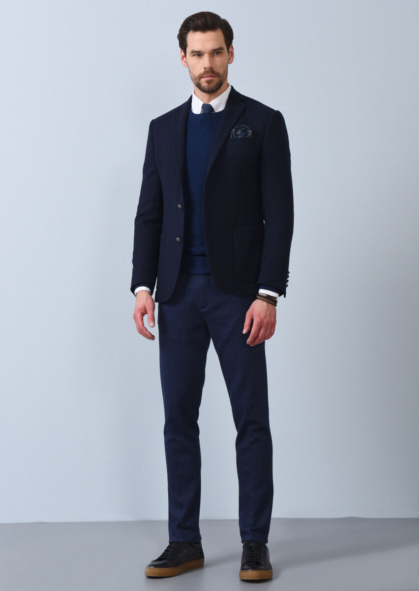 Navy Blue Micro Zeroweight Slim Fit Wool Blended Jacket - 2