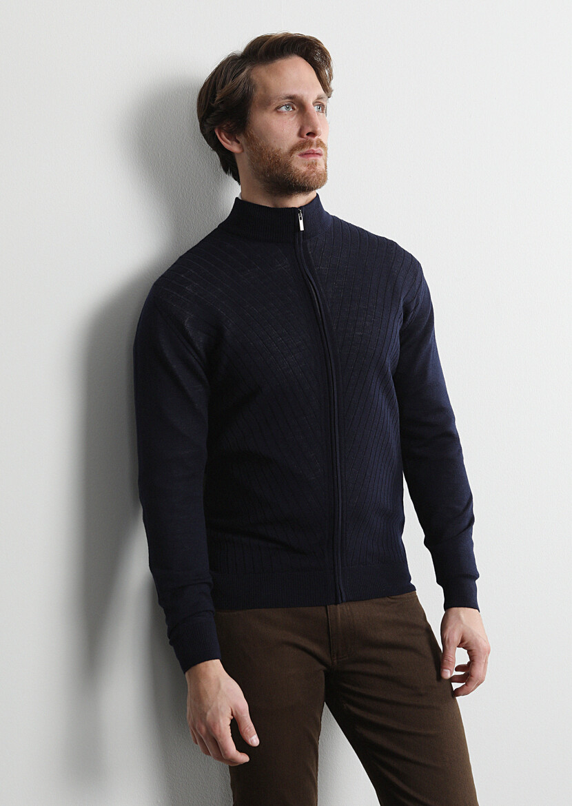 Navy Blue Mock-Turtleneck Jacquard 100% Wool Cardigan - 1