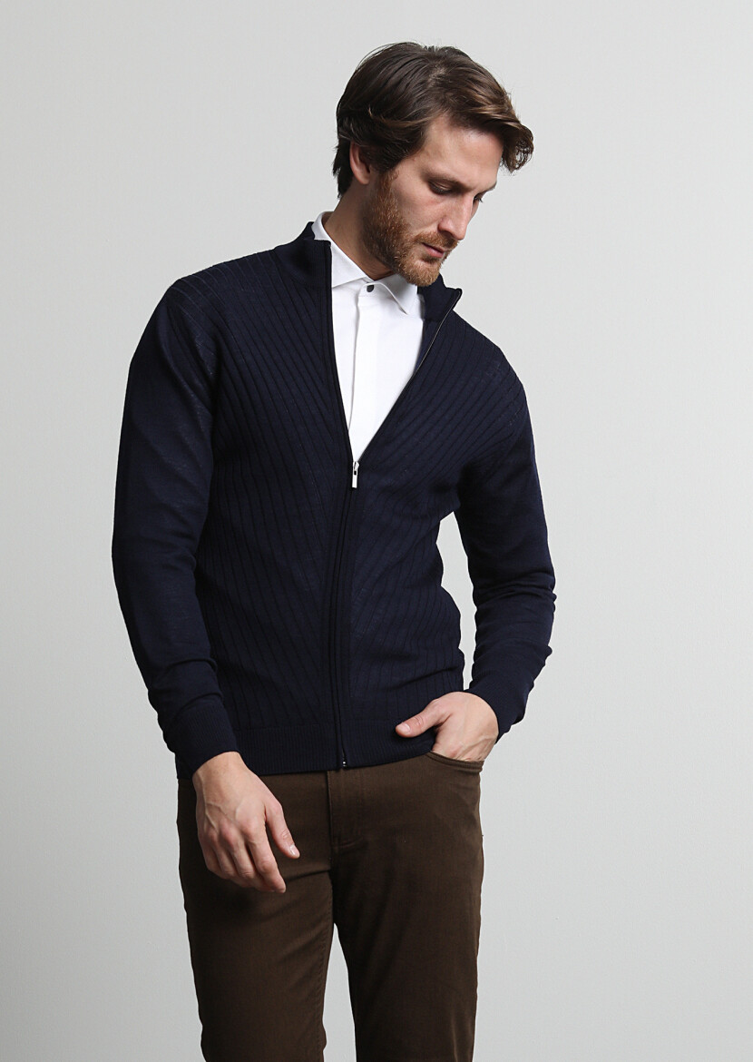 Navy Blue Mock-Turtleneck Jacquard 100% Wool Cardigan - 2