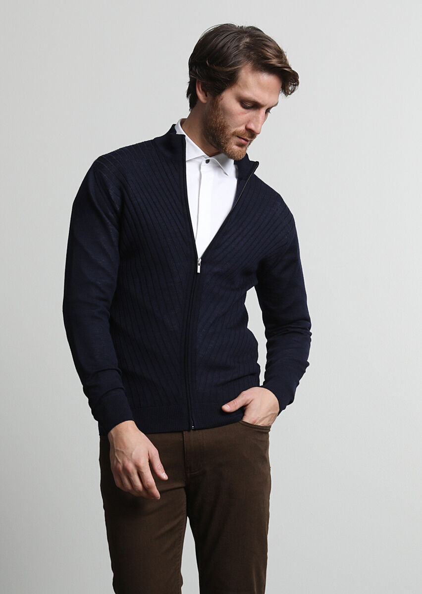Navy Blue Mock-Turtleneck Jacquard 100% Wool Cardigan - 2