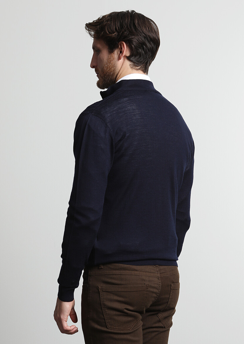 Navy Blue Mock-Turtleneck Jacquard 100% Wool Cardigan - 3