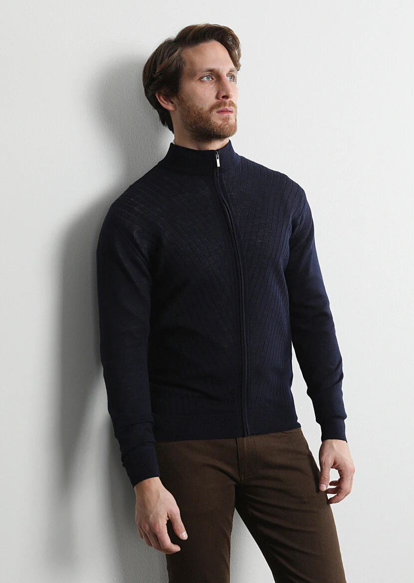 Navy Blue Mock-Turtleneck Jacquard 100% Wool Cardigan - 1