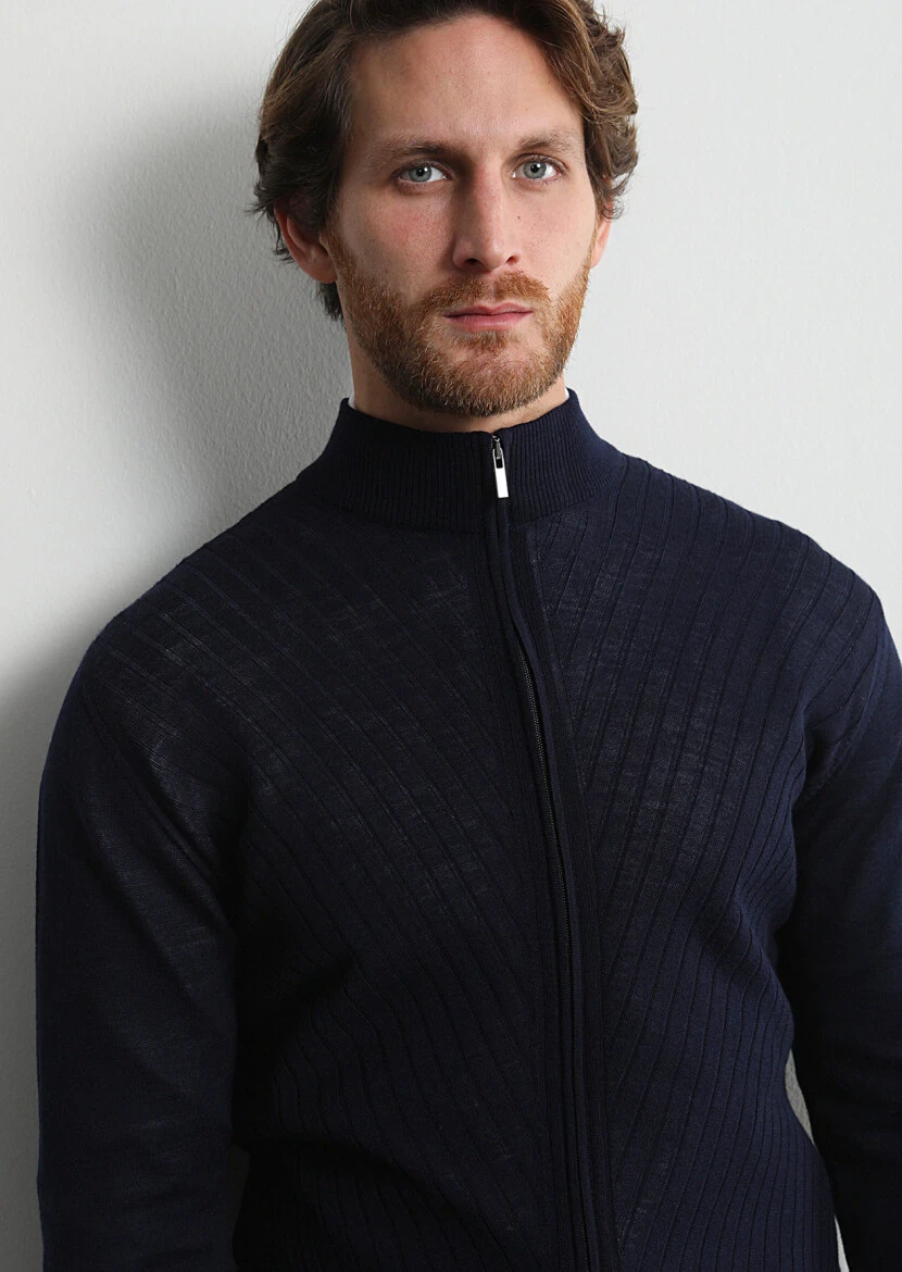 Navy Blue Mock-Turtleneck Jacquard 100% Wool Cardigan 