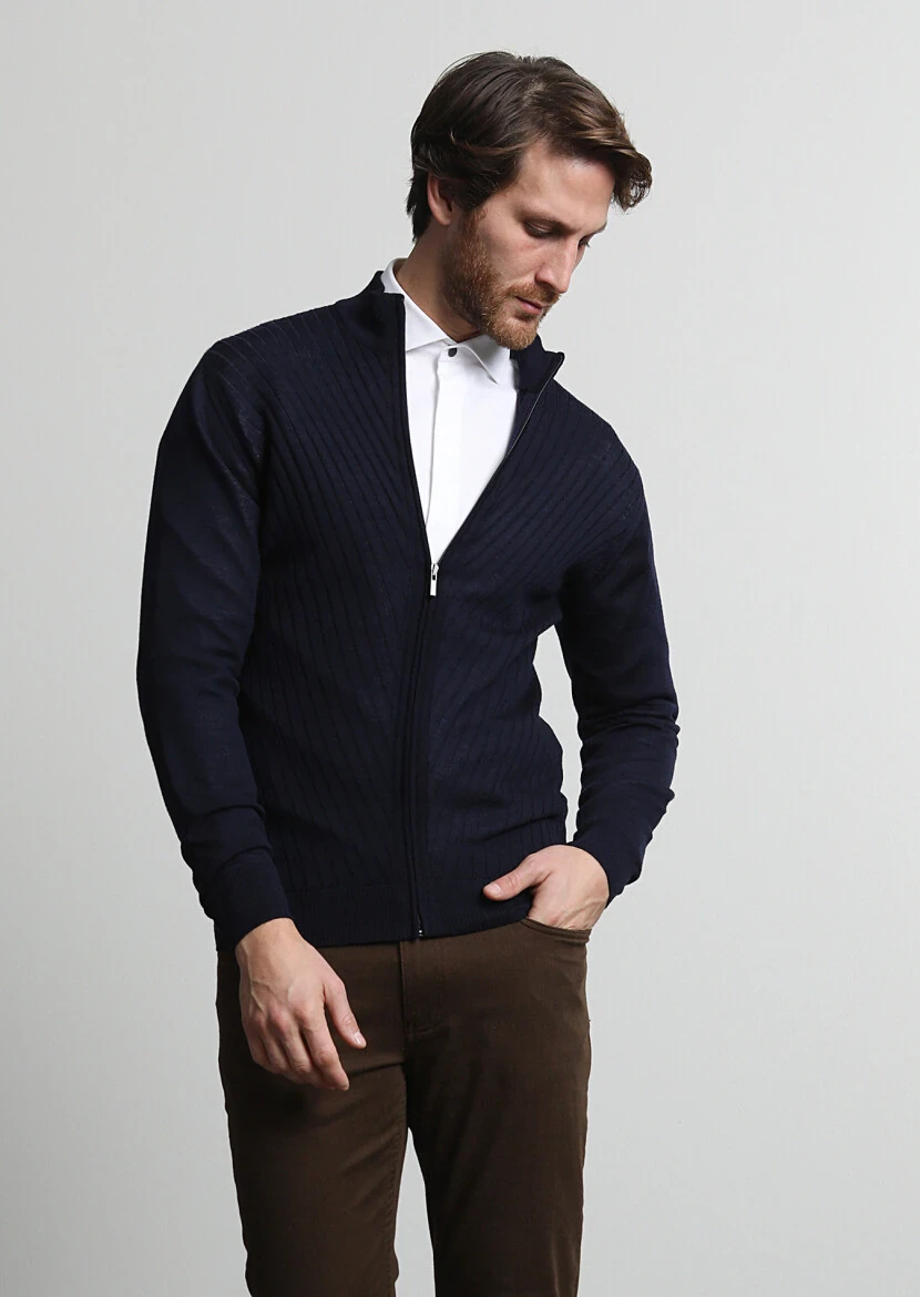 Navy Blue Mock-Turtleneck Jacquard 100% Wool Cardigan - 3