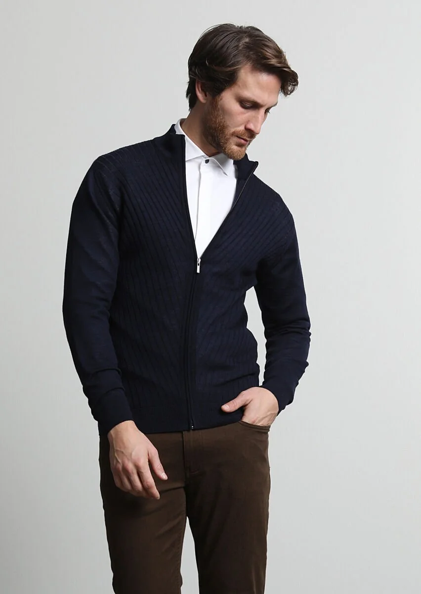 Navy Blue Mock-Turtleneck Jacquard 100% Wool Cardigan - 3