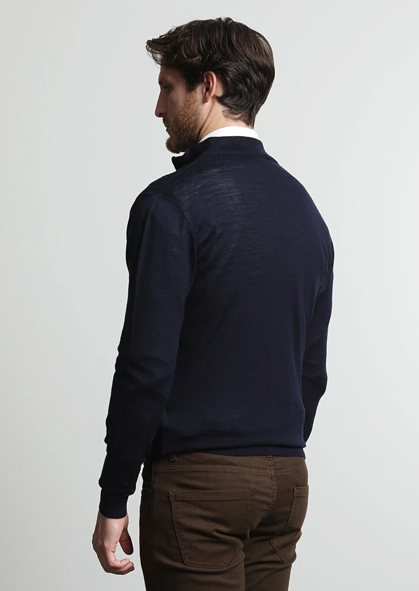 Navy Blue Mock-Turtleneck Jacquard 100% Wool Cardigan - 4