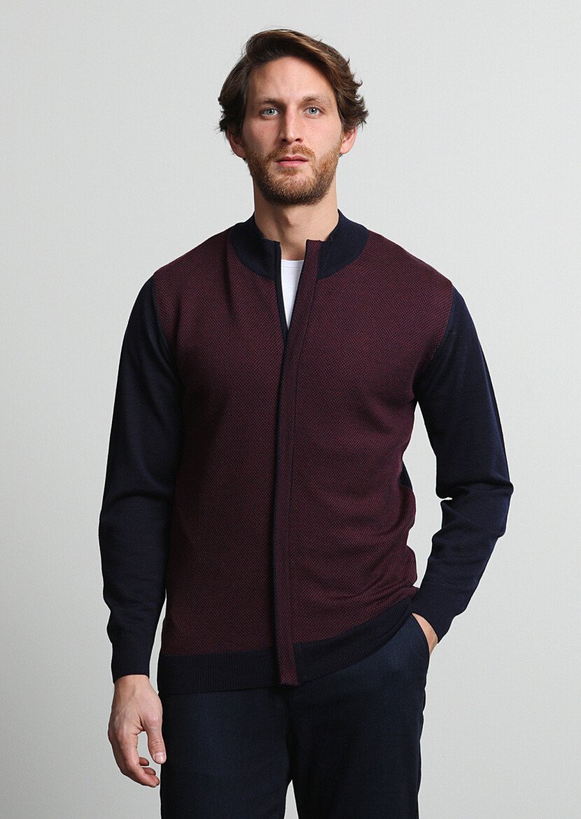 Navy Blue Mock-Turtleneck Jacquard 100% Wool Cardigan - 1