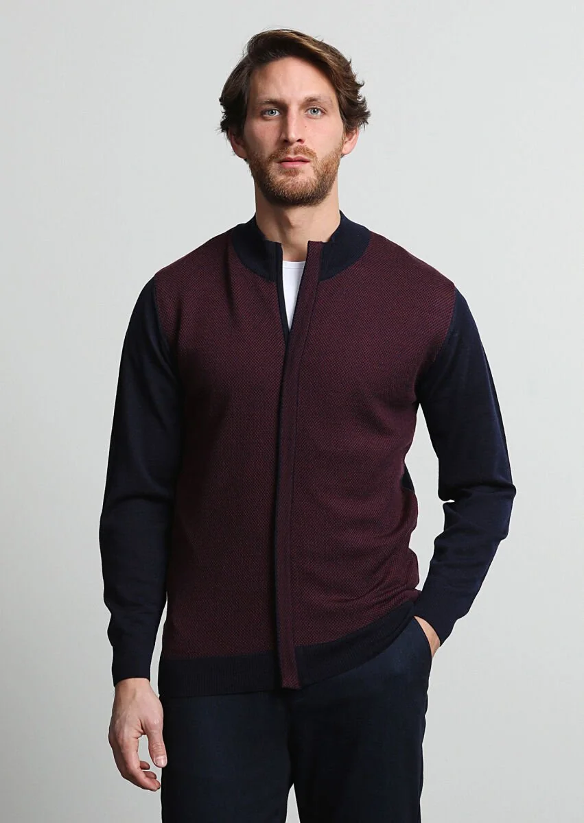 Navy Blue Mock-Turtleneck Jacquard 100% Wool Cardigan - 1