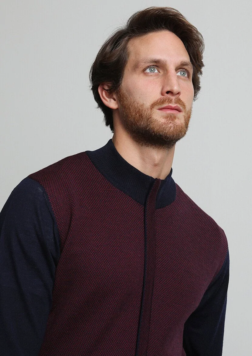 Navy Blue Mock-Turtleneck Jacquard 100% Wool Cardigan - 2