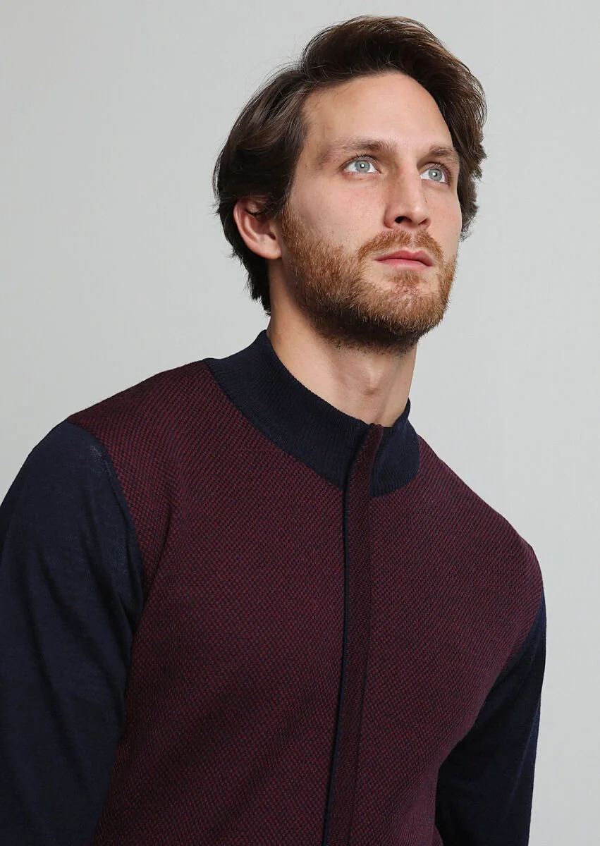 Navy Blue Mock-Turtleneck Jacquard 100% Wool Cardigan - 2