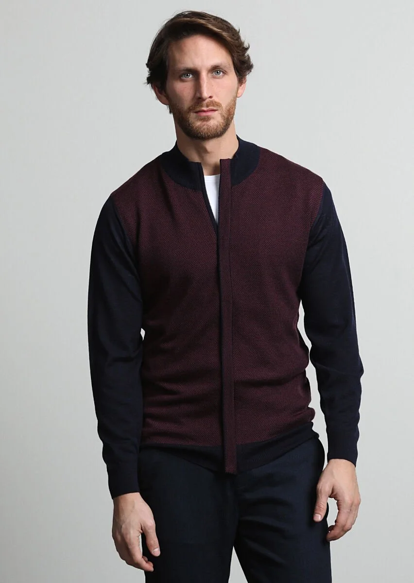 Navy Blue Mock-Turtleneck Jacquard 100% Wool Cardigan - 3