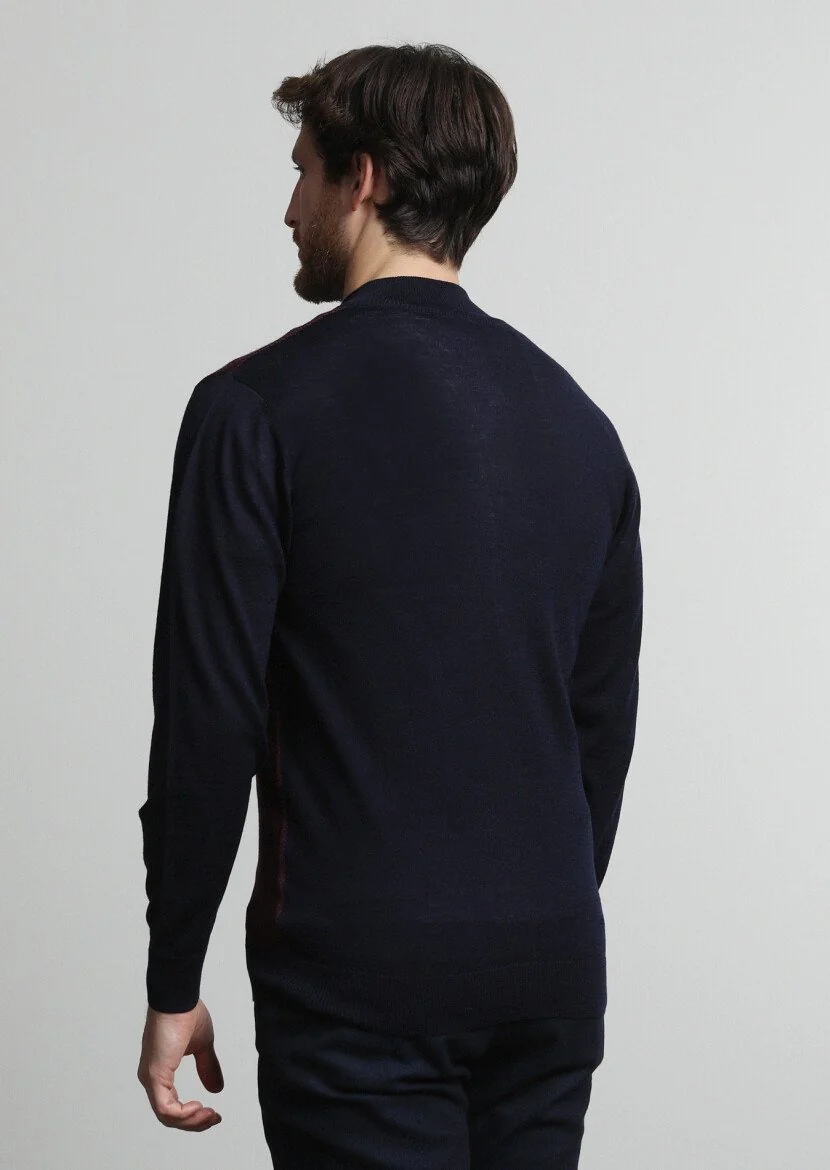 Navy Blue Mock-Turtleneck Jacquard 100% Wool Cardigan - 4