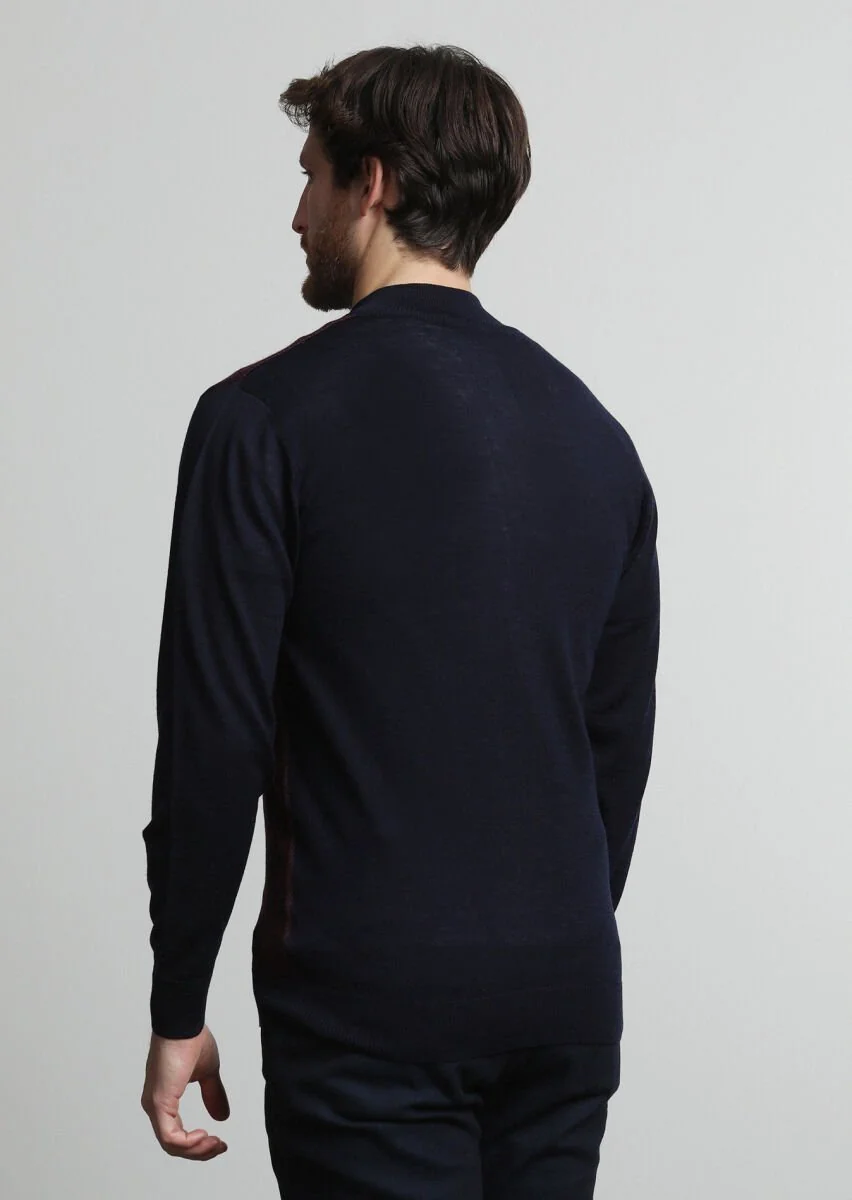 Navy Blue Mock-Turtleneck Jacquard 100% Wool Cardigan - 4