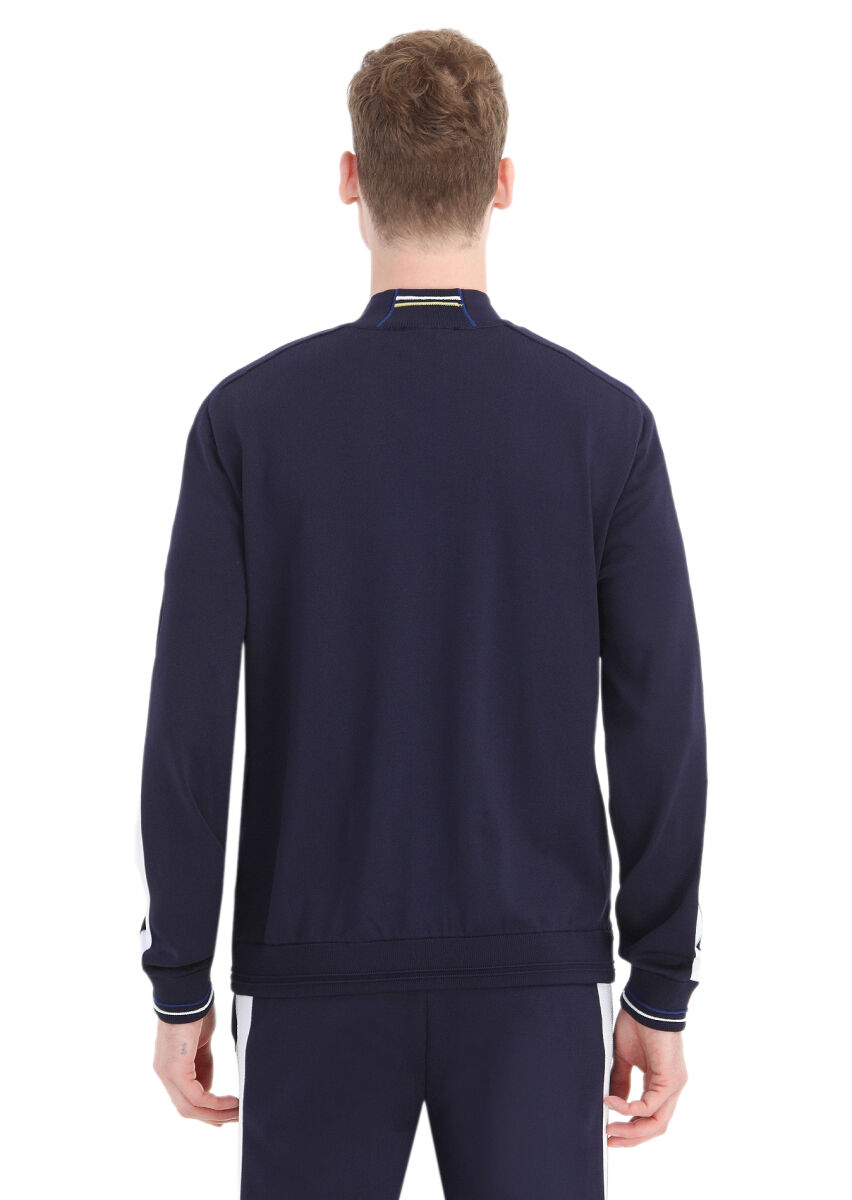 Navy Blue Mock-Turtleneck Jacquard Cardigan - 5