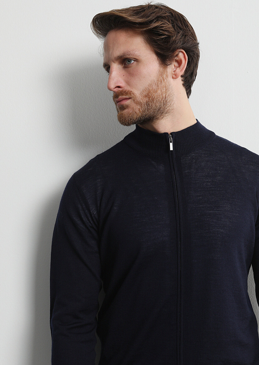 Navy Blue Mock-Turtleneck Plain Knitting 100% Wool Cardigan - 1