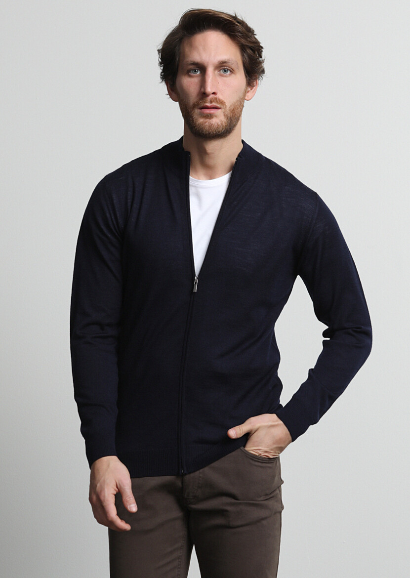 Navy Blue Mock-Turtleneck Plain Knitting 100% Wool Cardigan - 2
