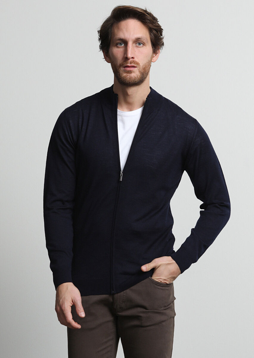 Navy Blue Mock-Turtleneck Plain Knitting 100% Wool Cardigan - 2