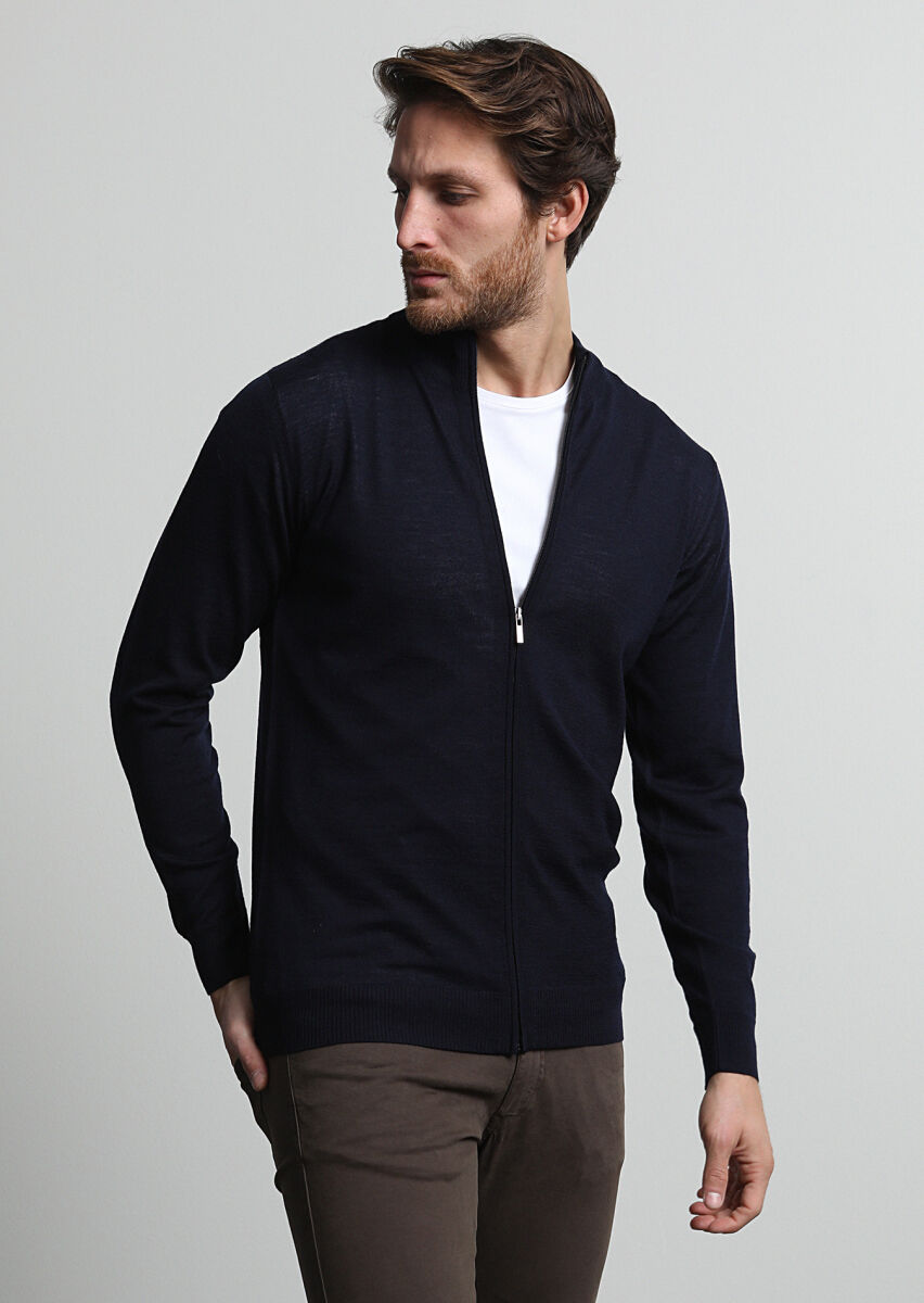 Navy Blue Mock-Turtleneck Plain Knitting 100% Wool Cardigan - 3