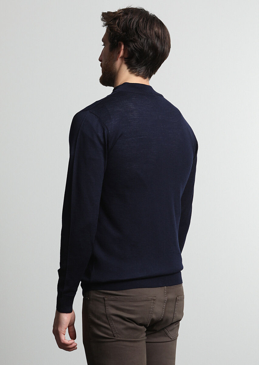 Navy Blue Mock-Turtleneck Plain Knitting 100% Wool Cardigan - 4