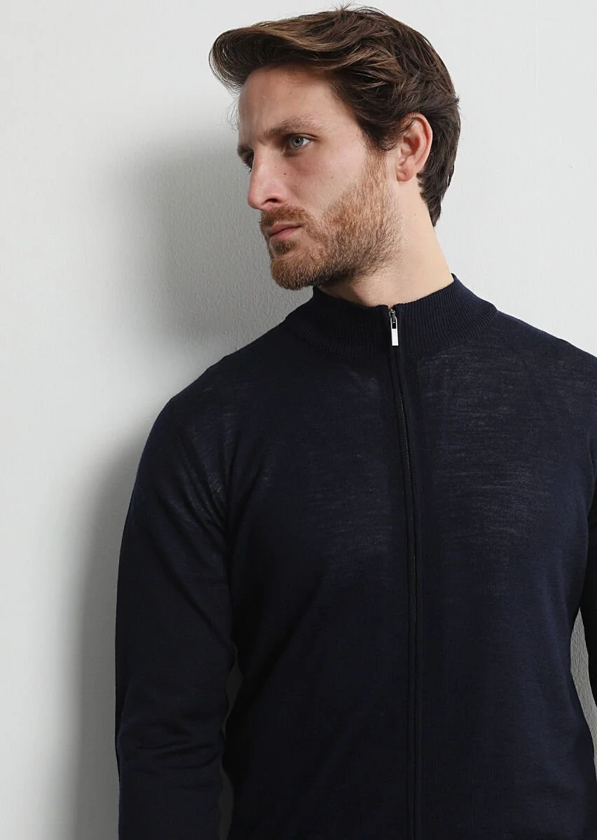 Navy Blue Mock-Turtleneck Plain Knitting 100% Wool Cardigan - 1