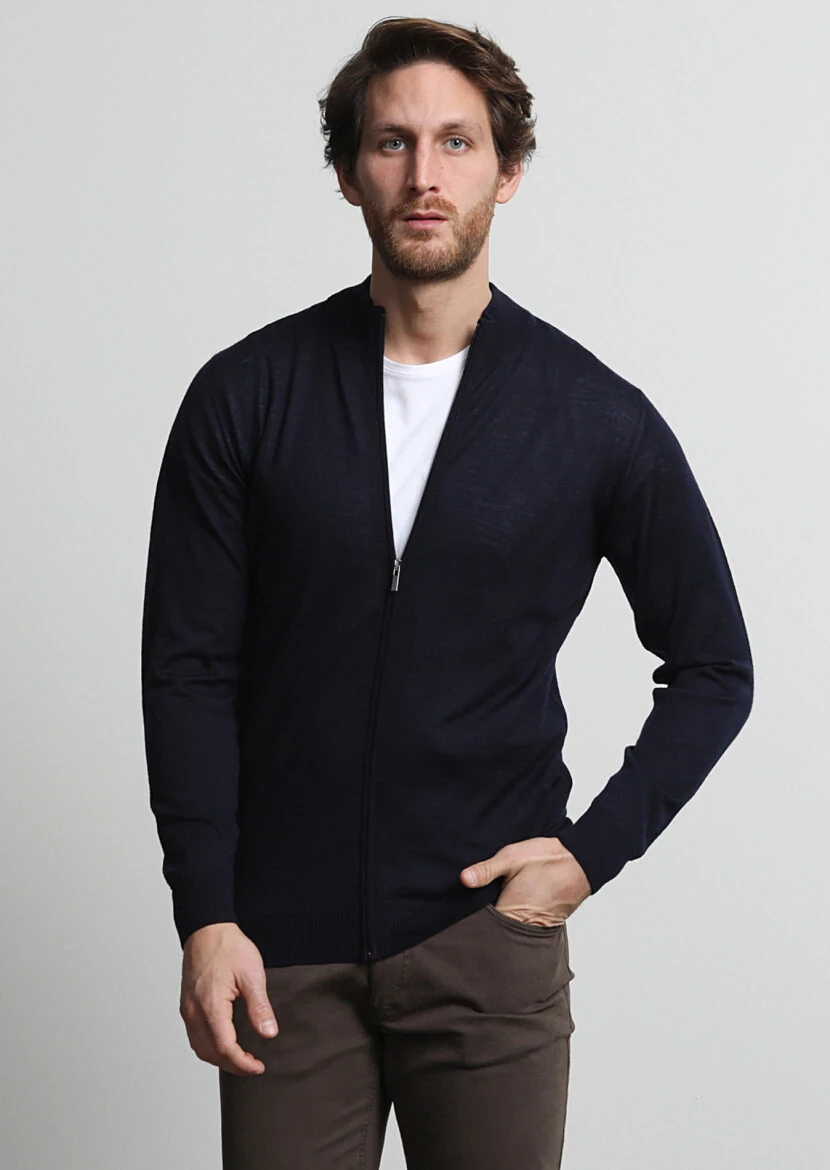 Navy Blue Mock-Turtleneck Plain Knitting 100% Wool Cardigan - 2