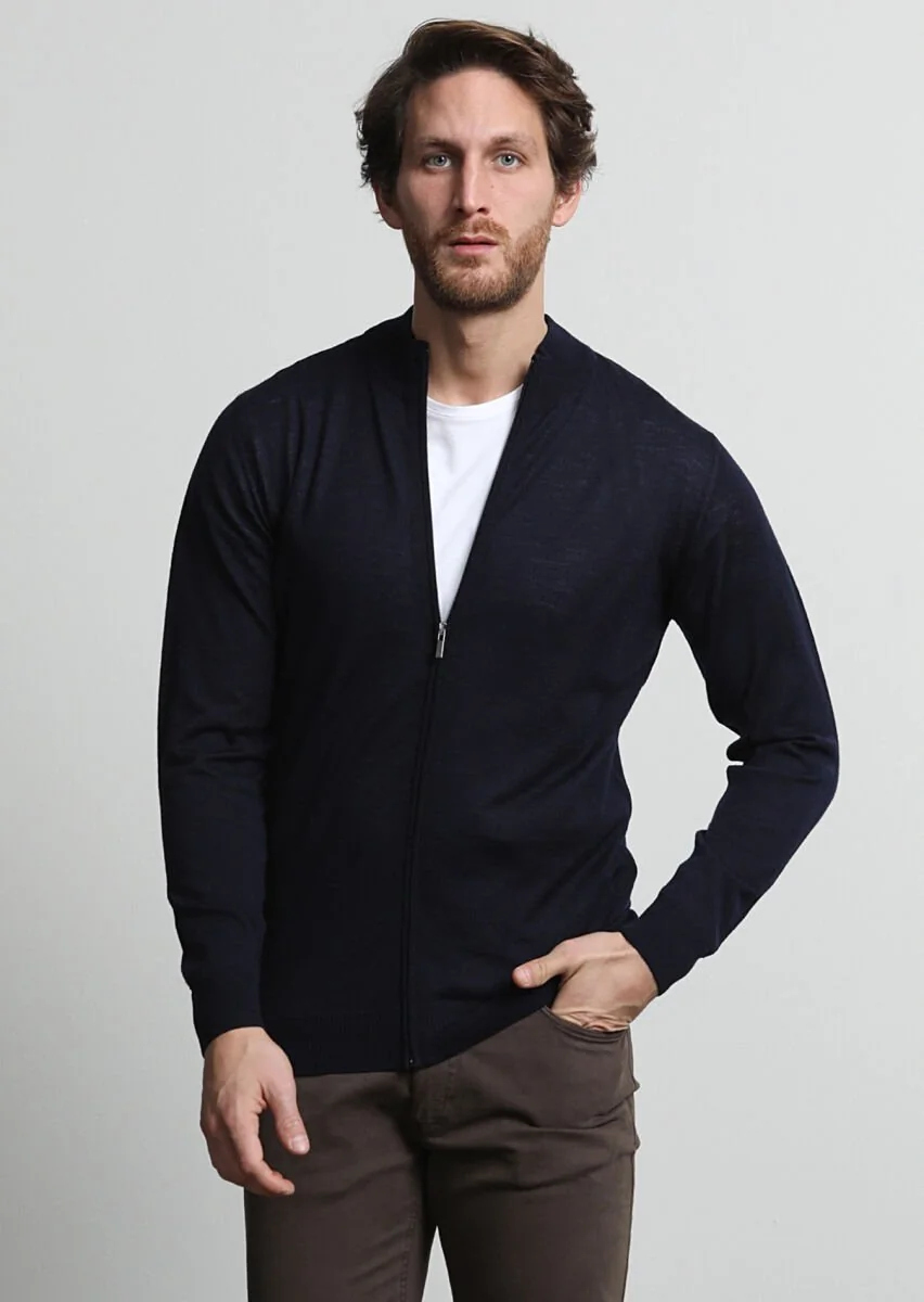 Navy Blue Mock-Turtleneck Plain Knitting 100% Wool Cardigan - 2