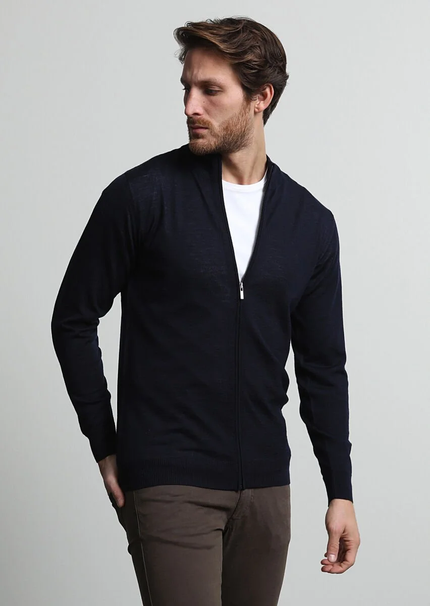 Navy Blue Mock-Turtleneck Plain Knitting 100% Wool Cardigan - 3