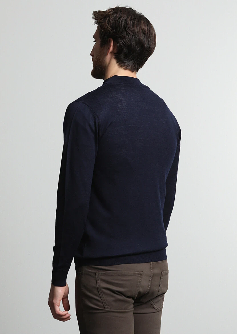 Navy Blue Mock-Turtleneck Plain Knitting 100% Wool Cardigan - 4
