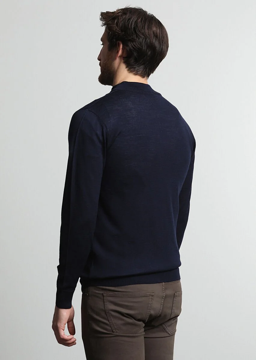 Navy Blue Mock-Turtleneck Plain Knitting 100% Wool Cardigan - 4