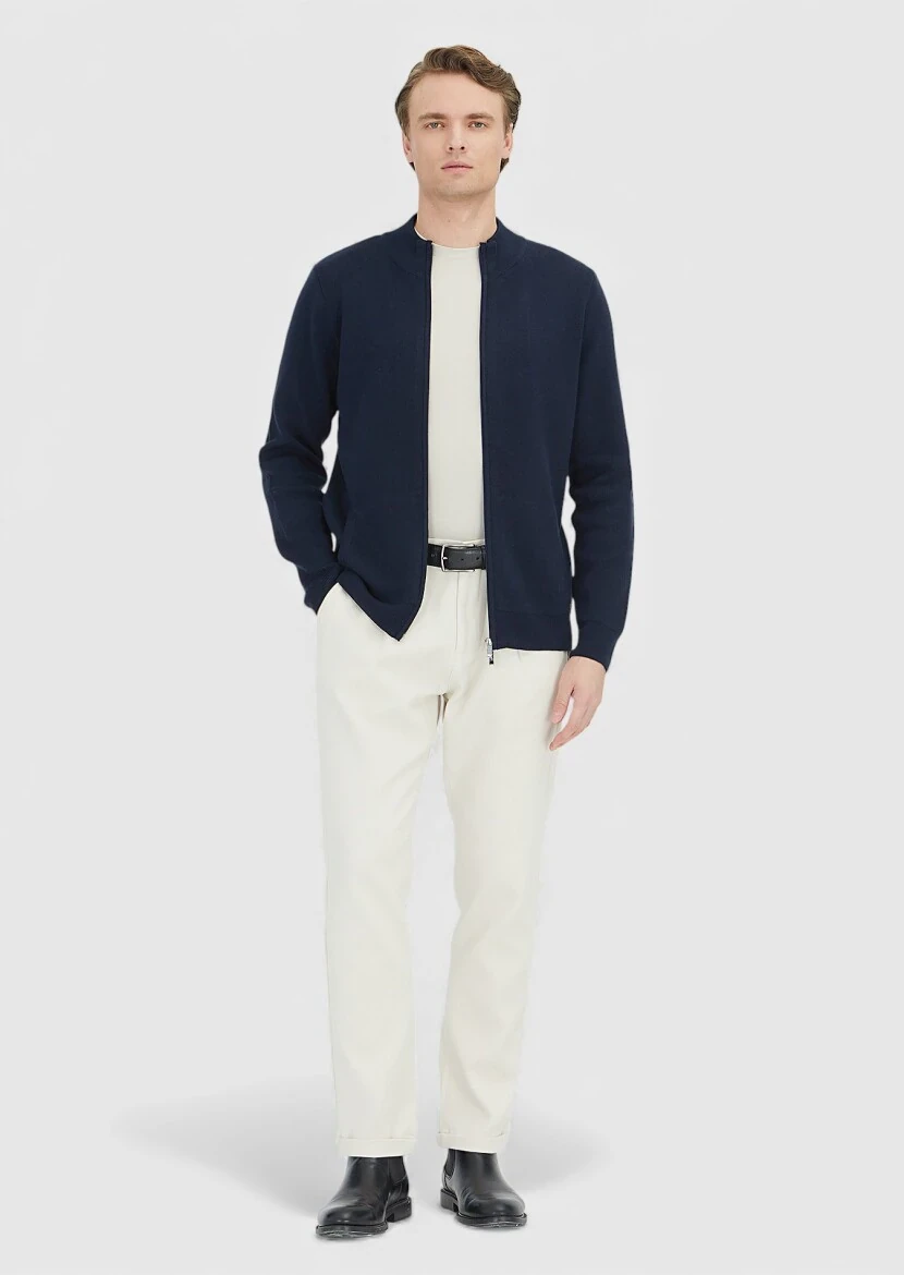 Navy Blue Mock-Turtleneck Plain Knitting Cotton Blended Cardigan - RAMSEY