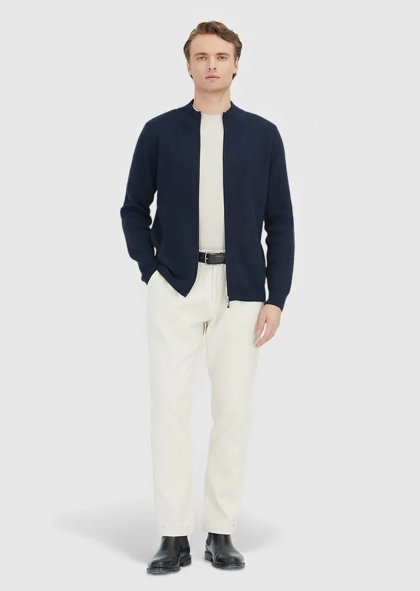 Navy Blue Mock-Turtleneck Plain Knitting Cotton Blended Cardigan - 2