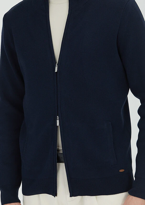 Navy Blue Mock-Turtleneck Plain Knitting Cotton Blended Cardigan - 3