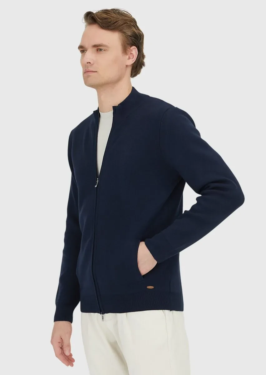 Navy Blue Mock-Turtleneck Plain Knitting Cotton Blended Cardigan - 4