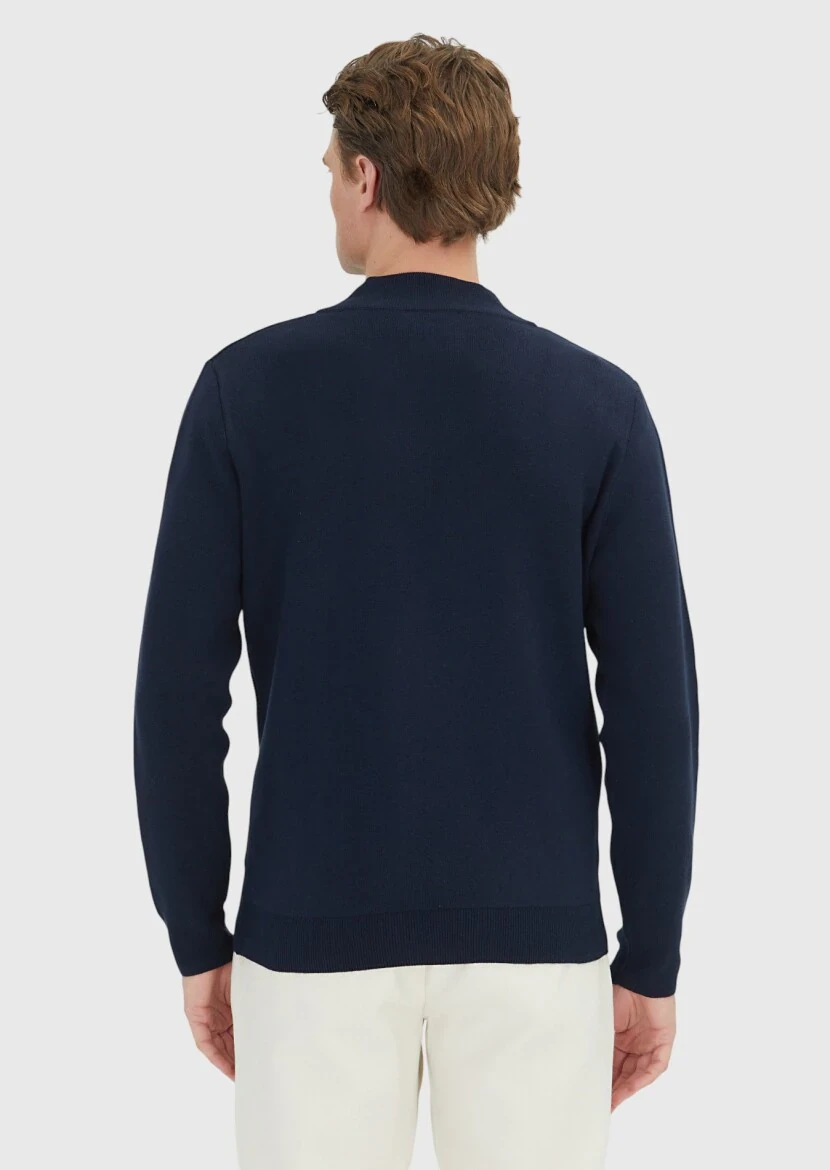 Navy Blue Mock-Turtleneck Plain Knitting Cotton Blended Cardigan - 6