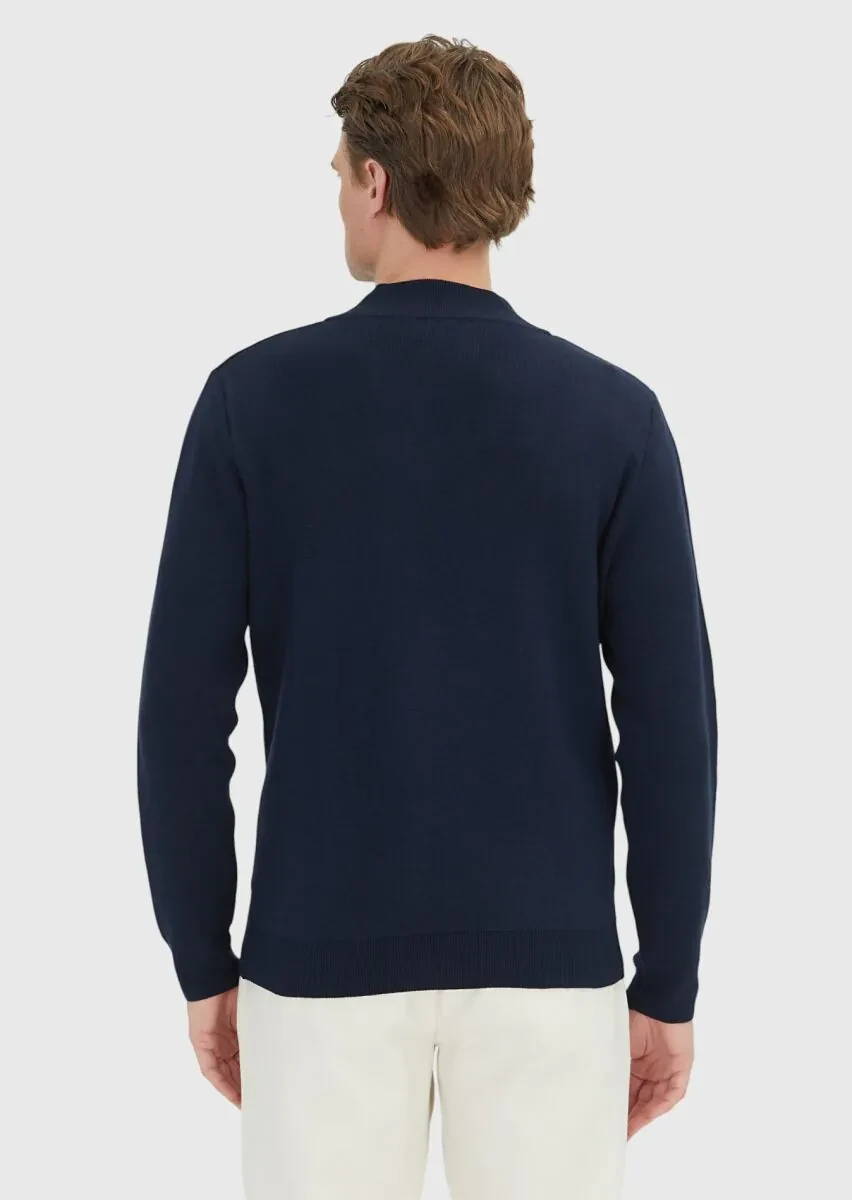 Navy Blue Mock-Turtleneck Plain Knitting Cotton Blended Cardigan - 6