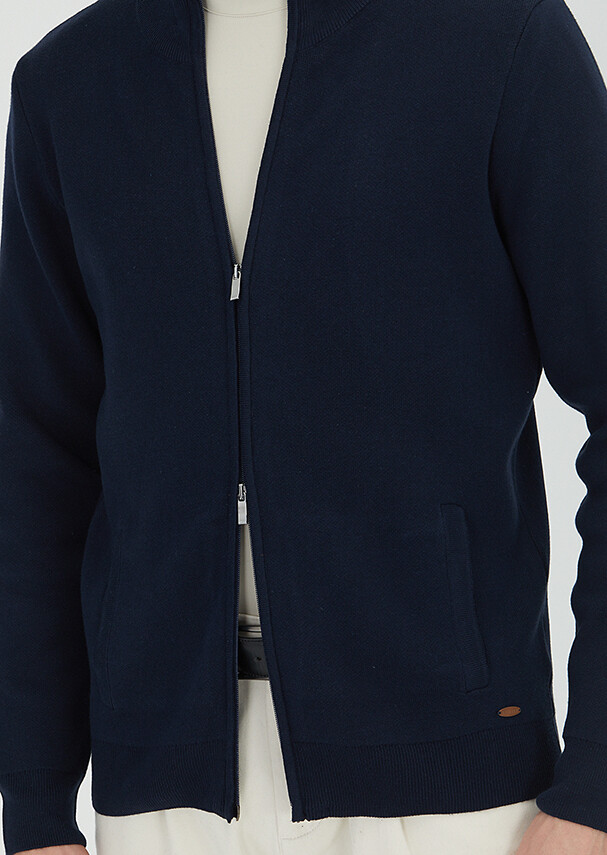 Navy Blue Mock-Turtleneck Plain Knitting Cotton Blended Cardigan - 3