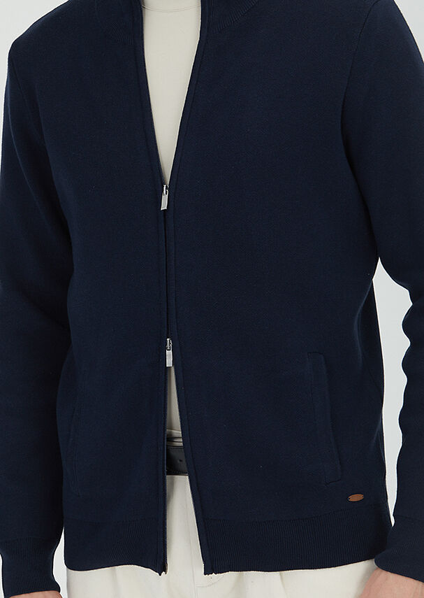 Navy Blue Mock-Turtleneck Plain Knitting Cotton Blended Cardigan - 3