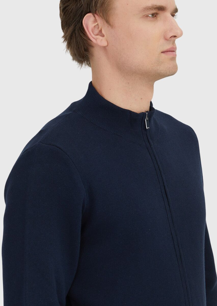 Navy Blue Mock-Turtleneck Plain Knitting Cotton Blended Cardigan - 5