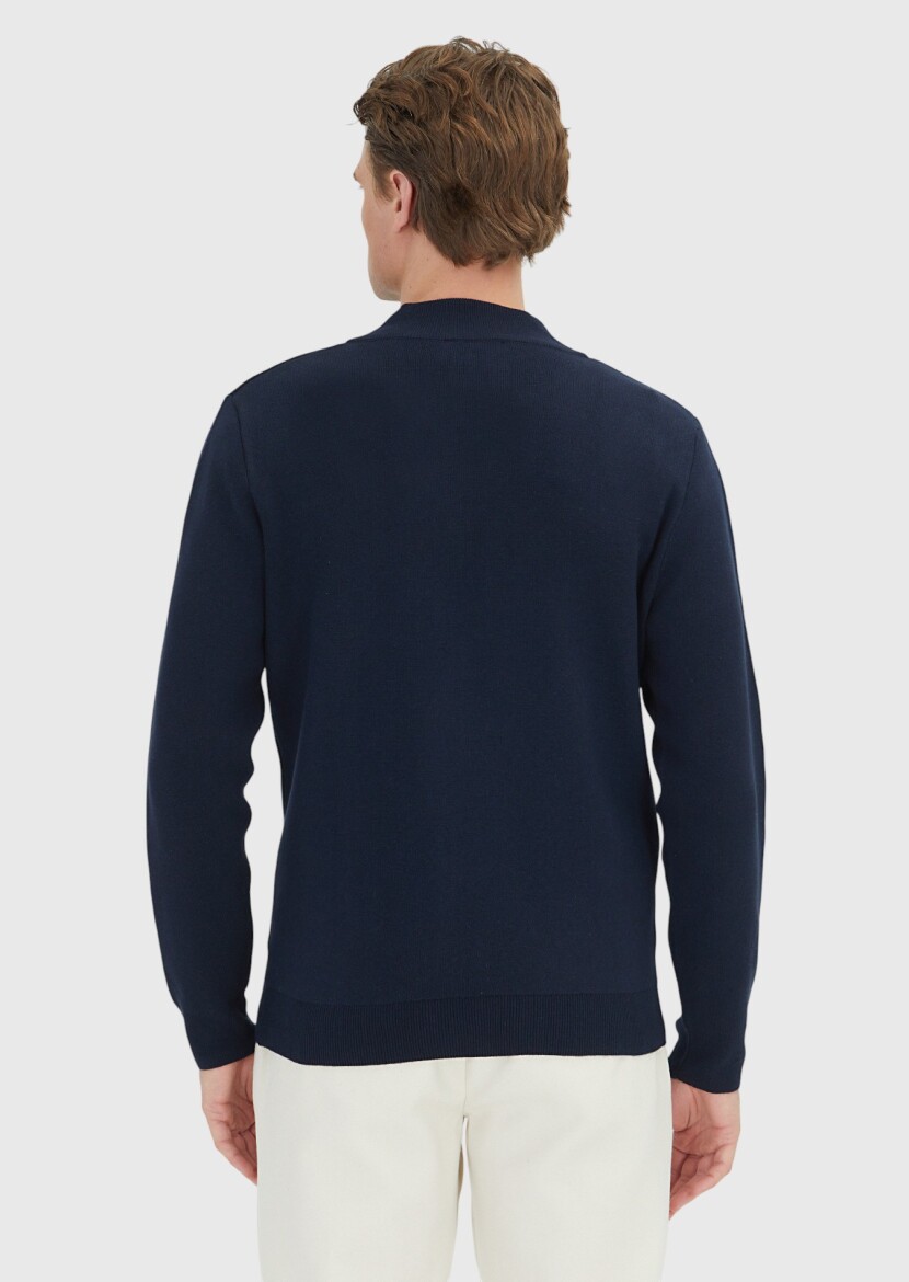 Navy Blue Mock-Turtleneck Plain Knitting Cotton Blended Cardigan - 6