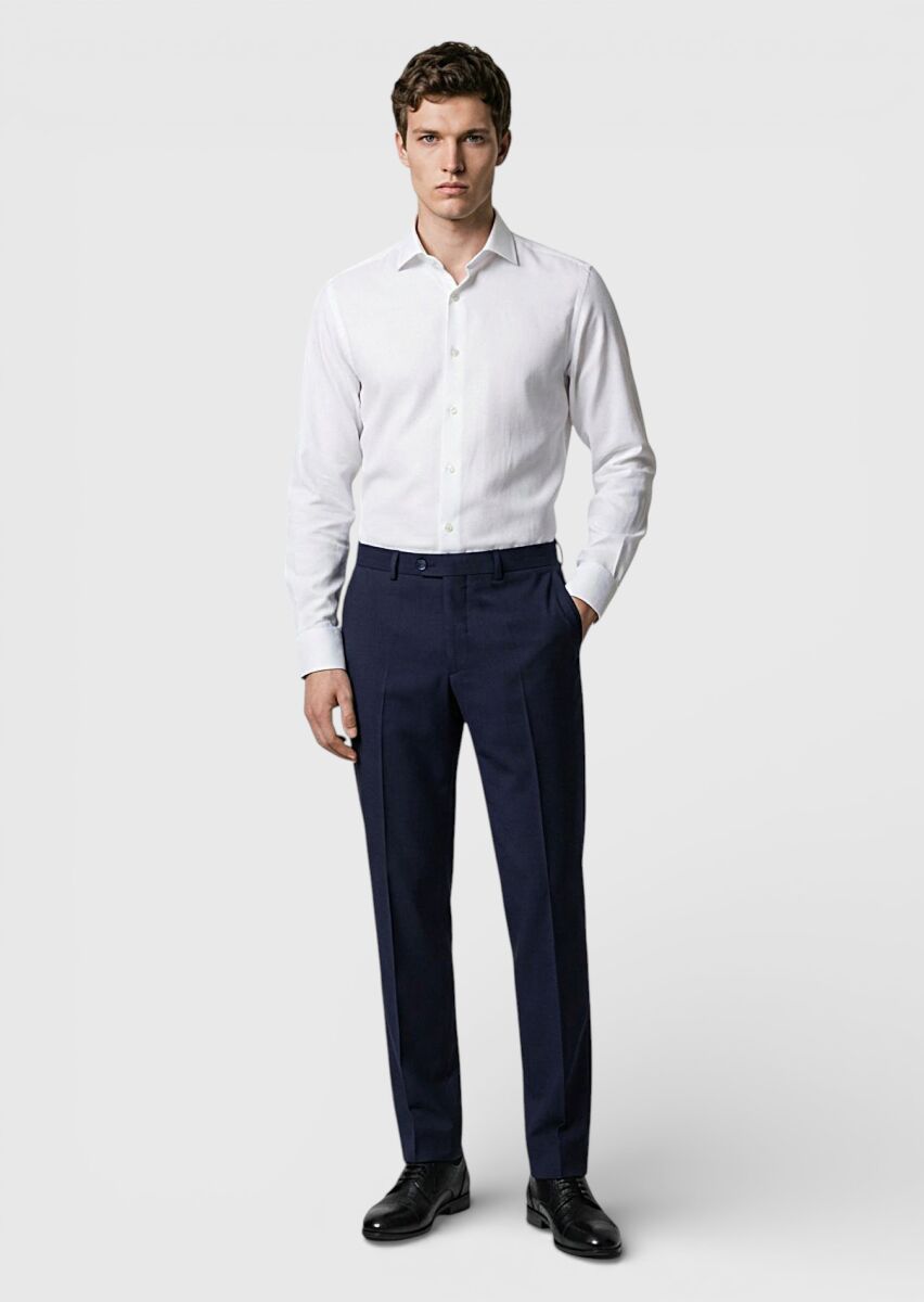 Navy Blue Modern Fit Classical Wool Blended Trousers - 1