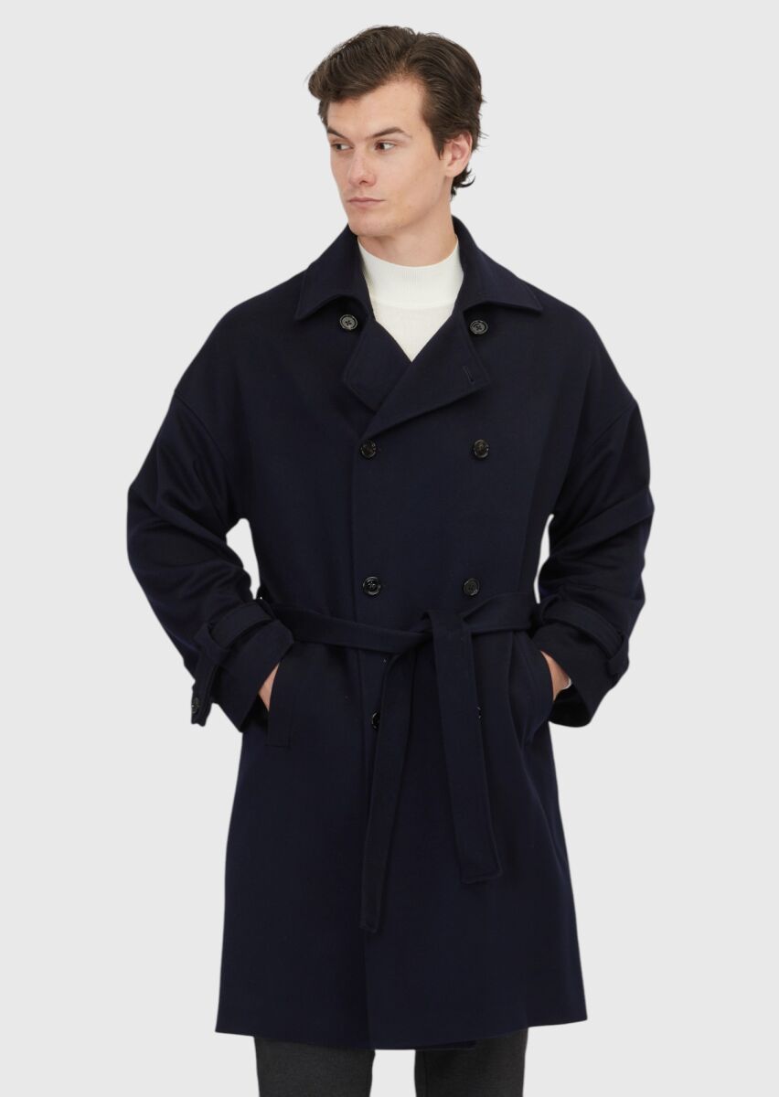 Navy Blue Oversize Fit Casual Weaving Overcoat - 1