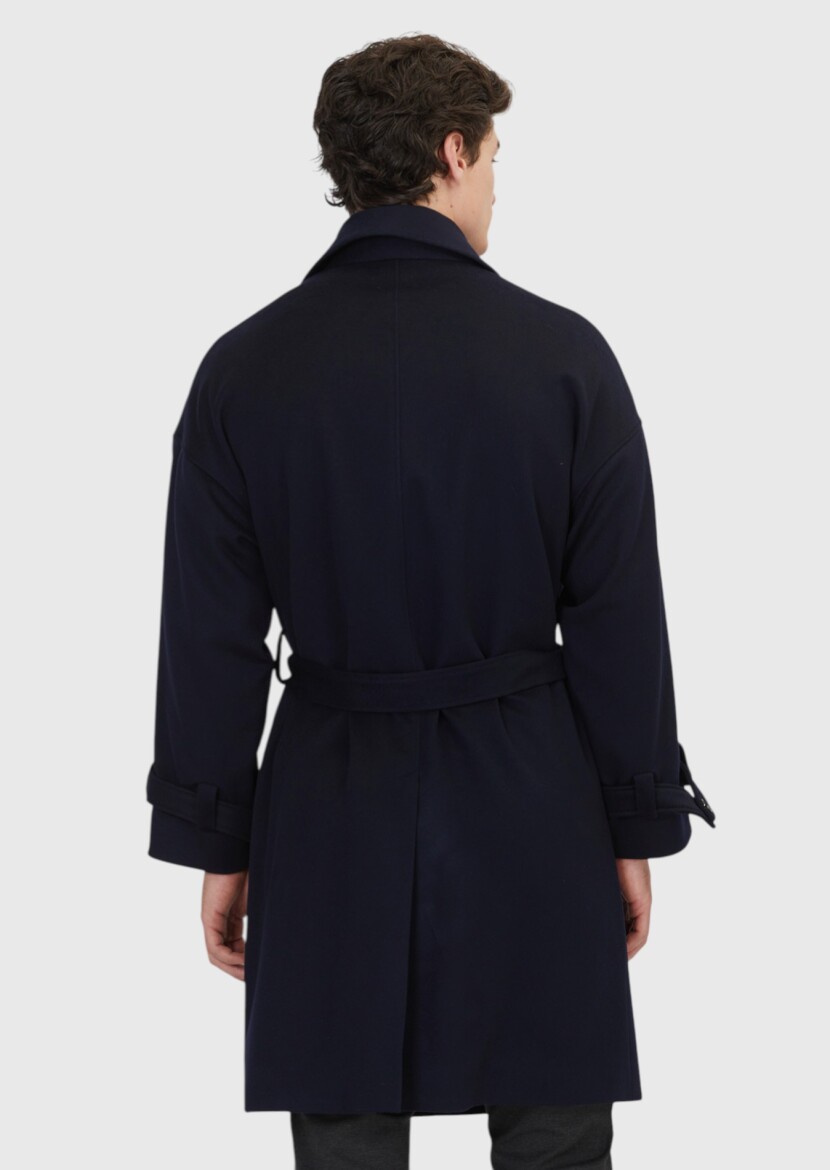Navy Blue Oversize Fit Casual Weaving Overcoat - 7