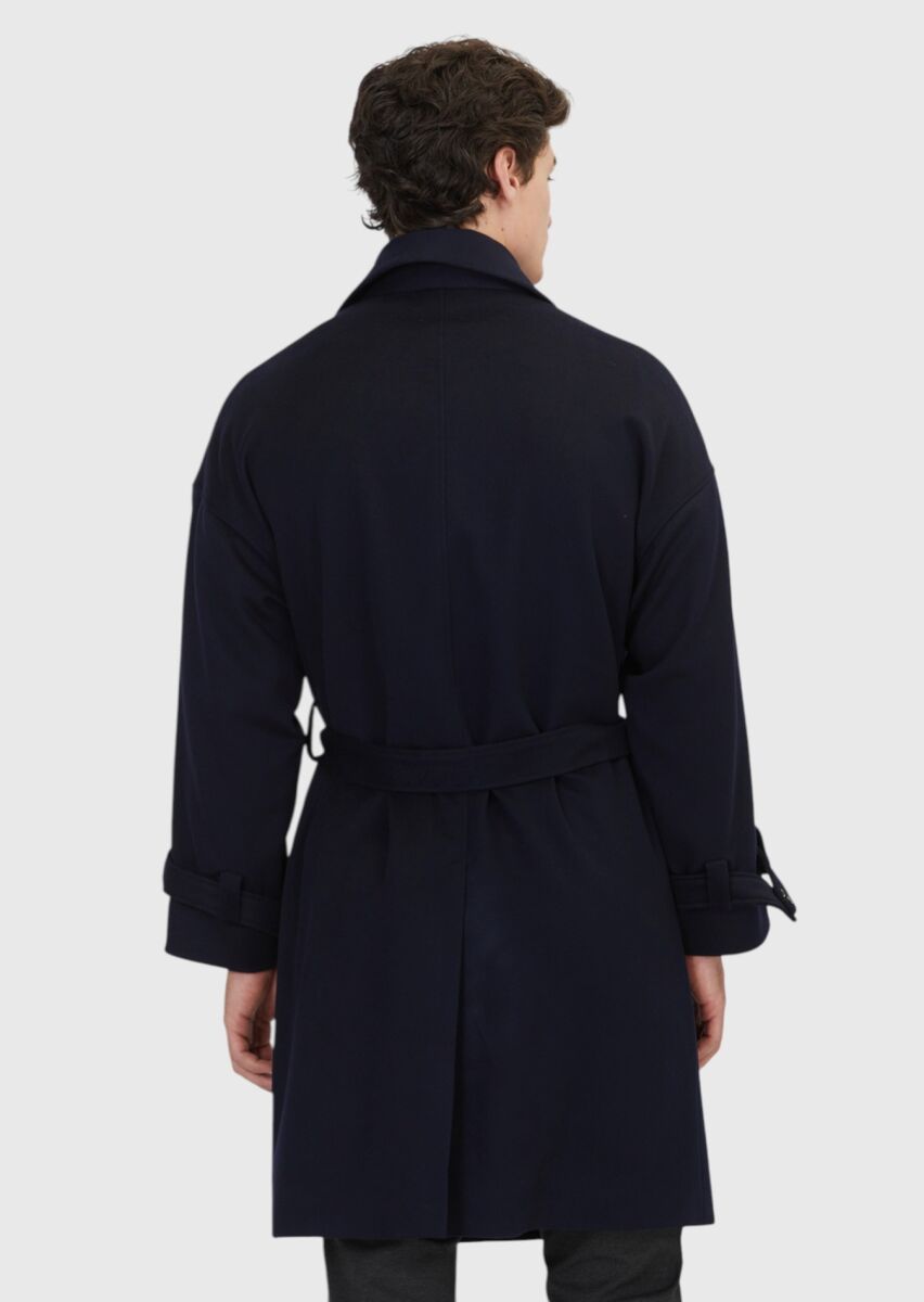 Navy Blue Oversize Fit Casual Weaving Overcoat - 7