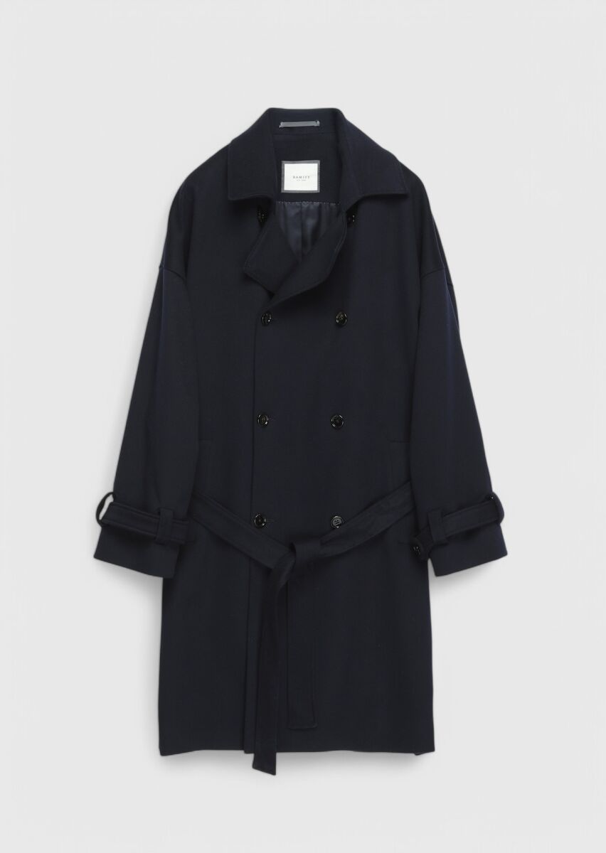 Navy Blue Oversize Fit Casual Weaving Overcoat - 8