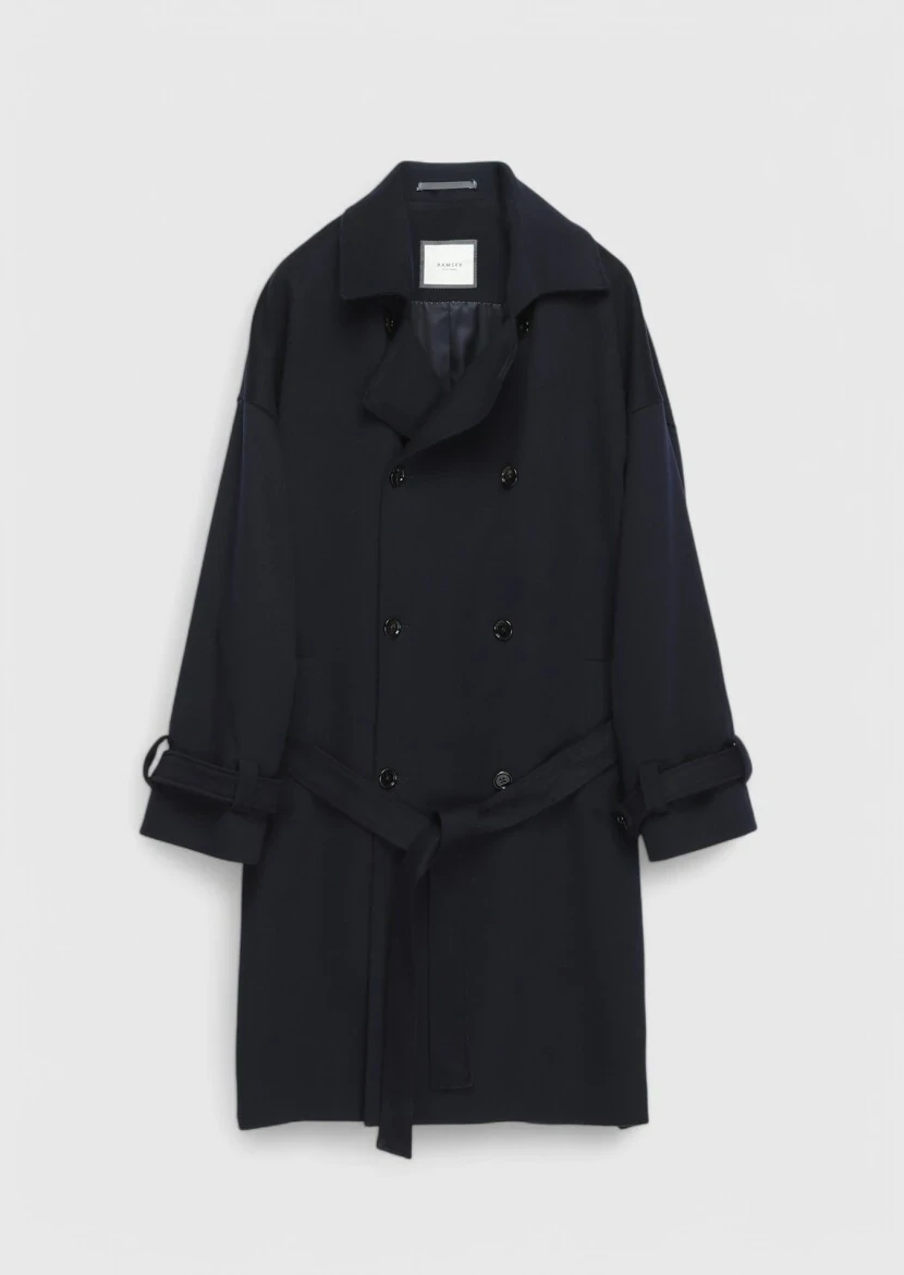 Navy Blue Oversize Fit Double Breasted Collar Casual Weaving Overcoat - 1